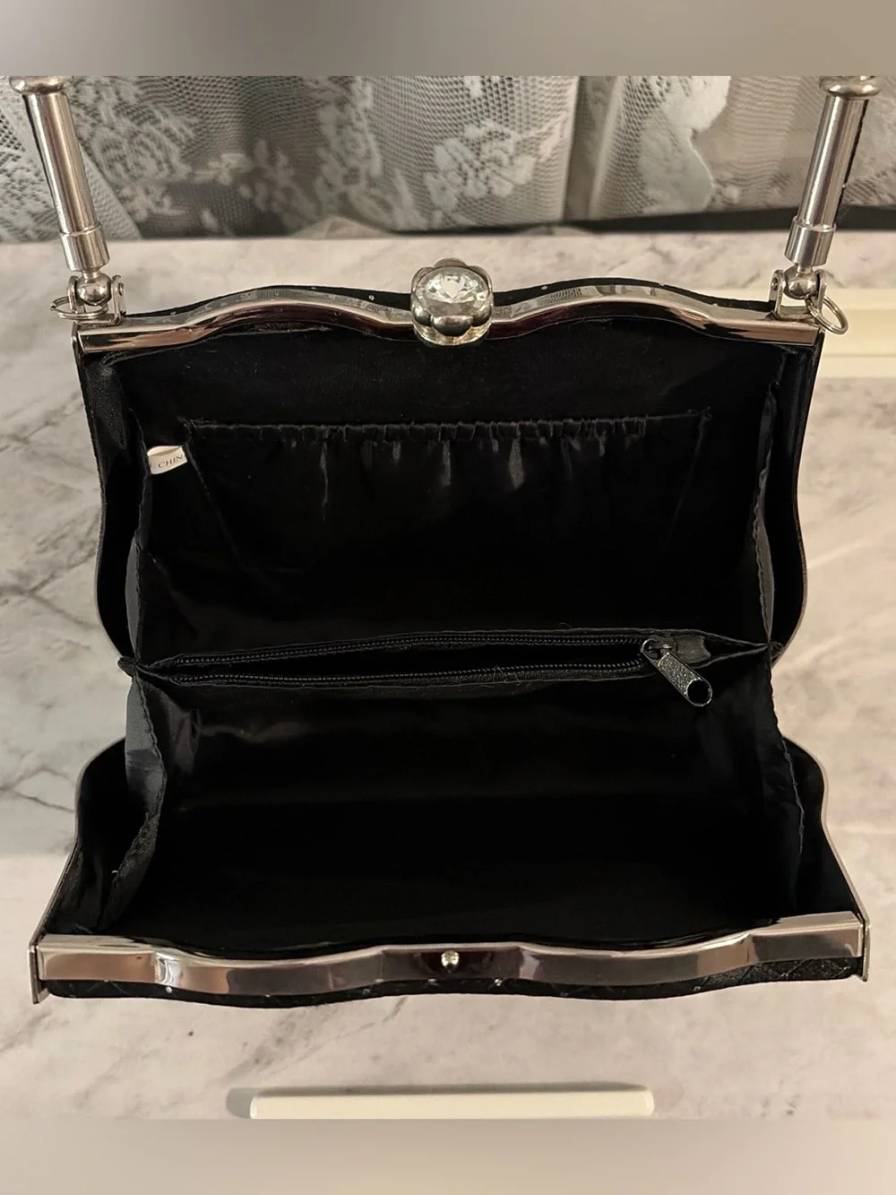 Black Satin Evening Clutch Bag with Silver Accents